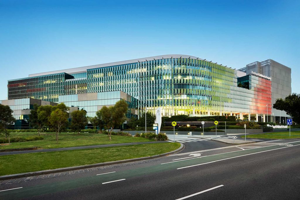 Exterior view of a modern hospital in Melbourne, showcasing contemporary design elements.