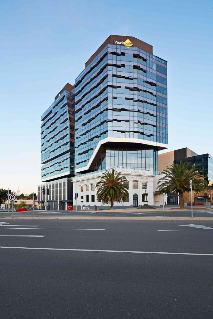 Exterior view of the modern office tower area at Work Safe head office in Geelong.
