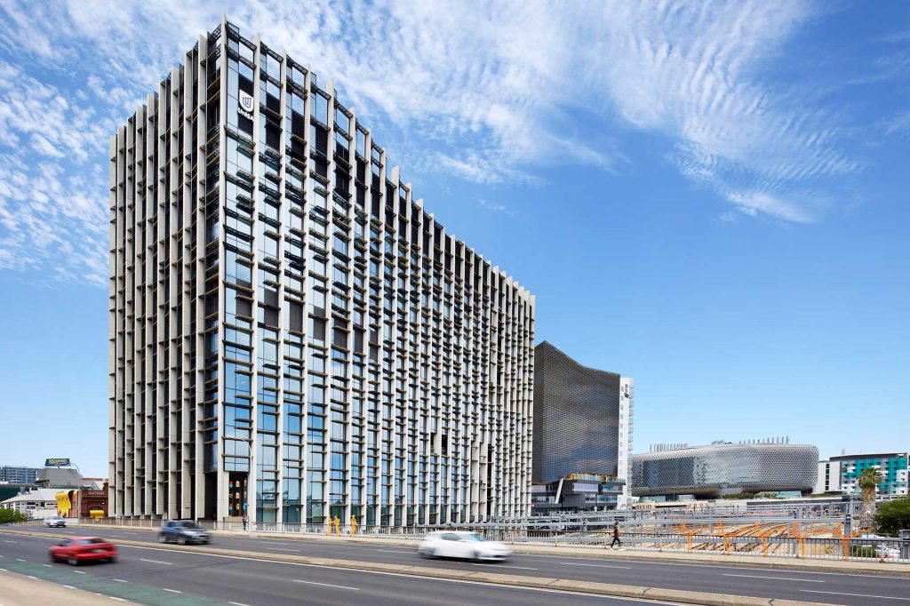 Exterior view of a uniquely designed university building in Adelaide, Australia.