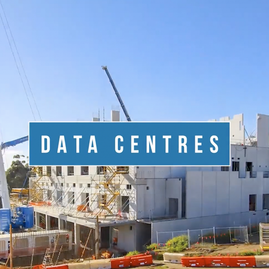 Time-lapse photos capturing the construction progress of a state-of-the-art data centre facility, with workers and machinery in motion.