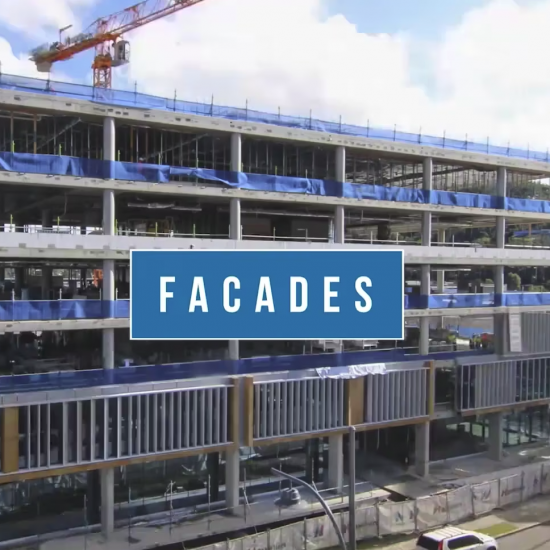 A time-lapse image capturing the construction progress of building facades, recorded by a construction time-lapse system.