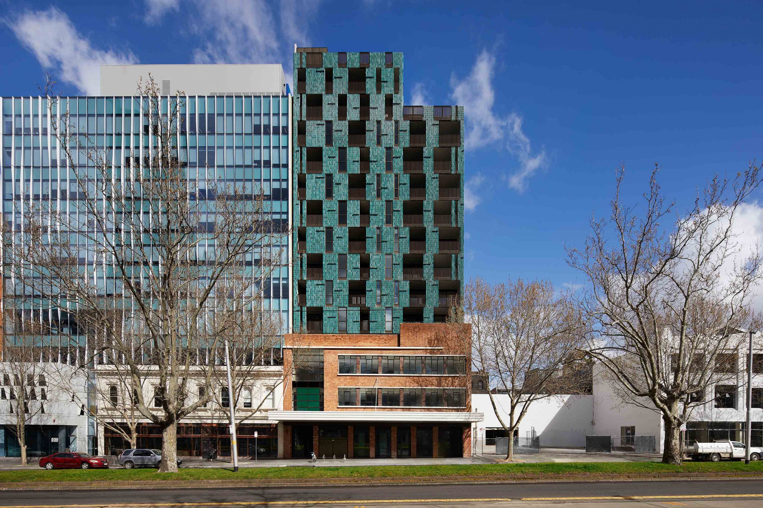 A modern apartment complex with striking architectural features in Melbourne.