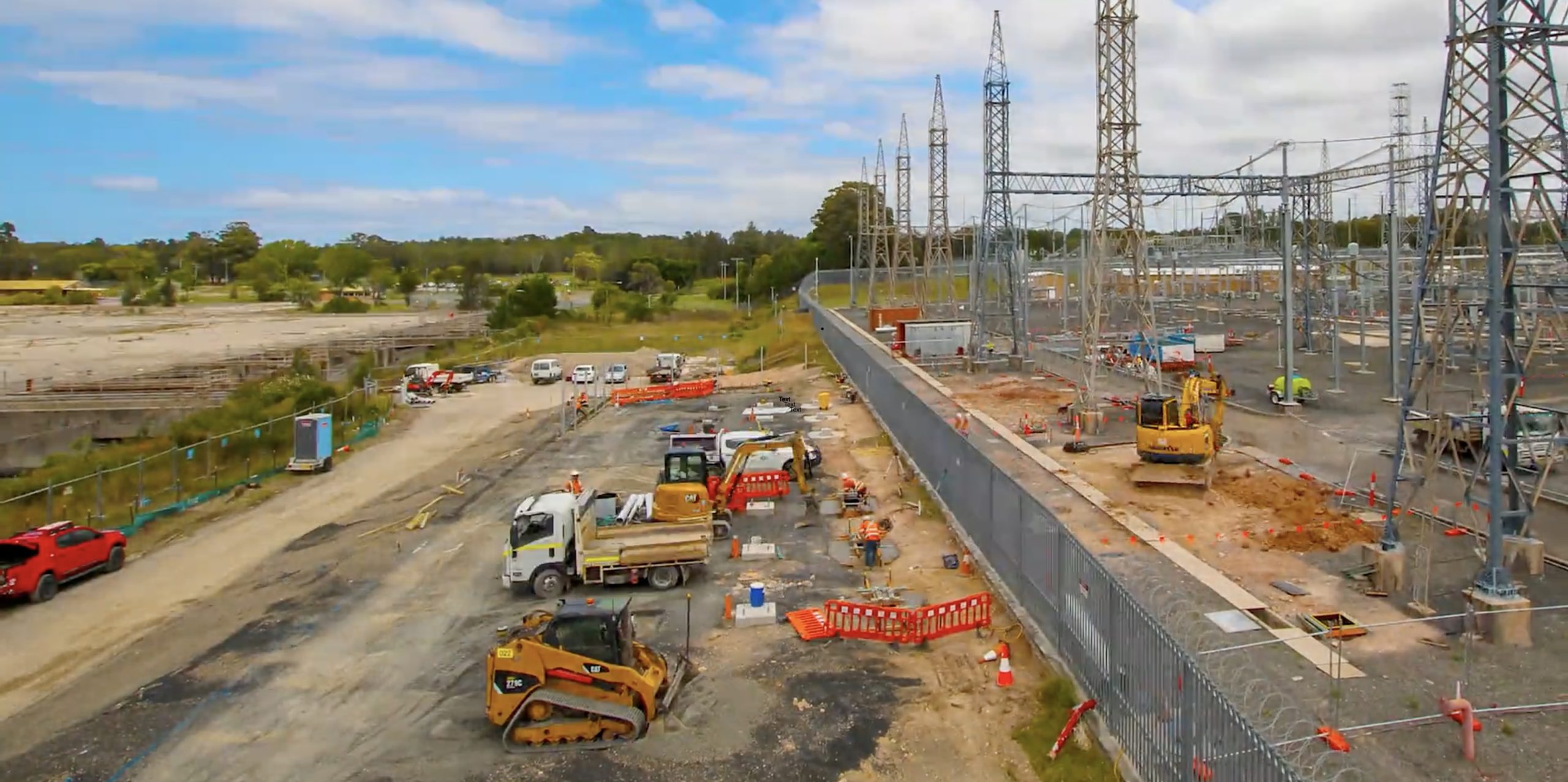 Aerial view of transmission towers along the Vales Point to Lake Munmorah power line upgrade route