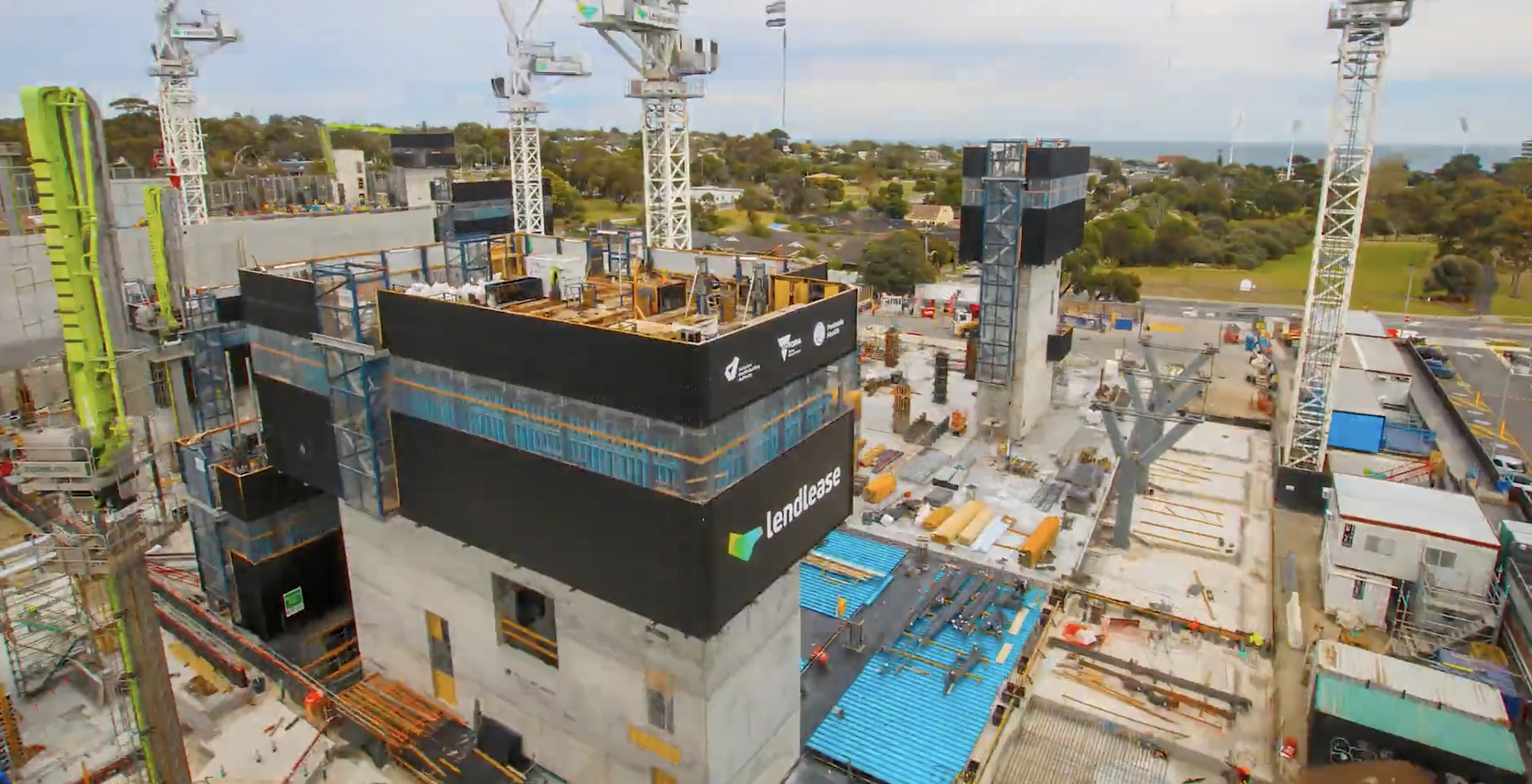 Aerial view of a construction site showcasing aerial construction documentation with drones capturing progress and site conditions.