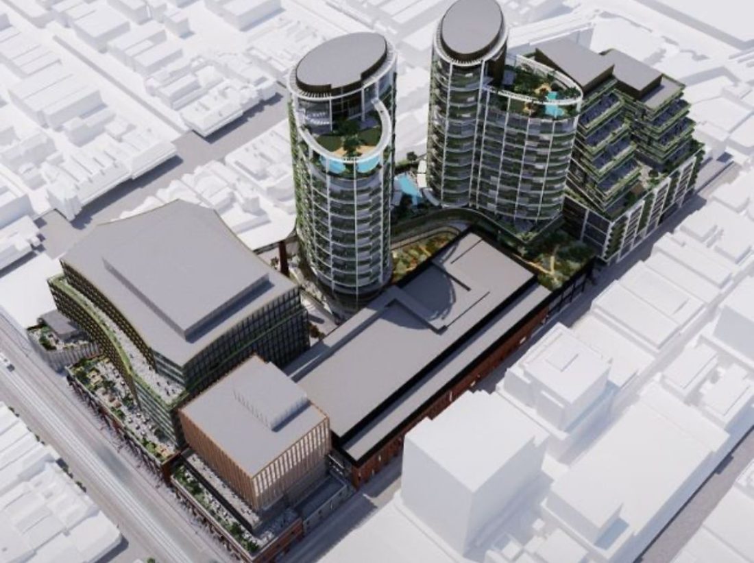 Aerial rendering of Jam Factory Stage 1 redevelopment by Crema Constructions and Gurner Group in South Yarra, Melbourne