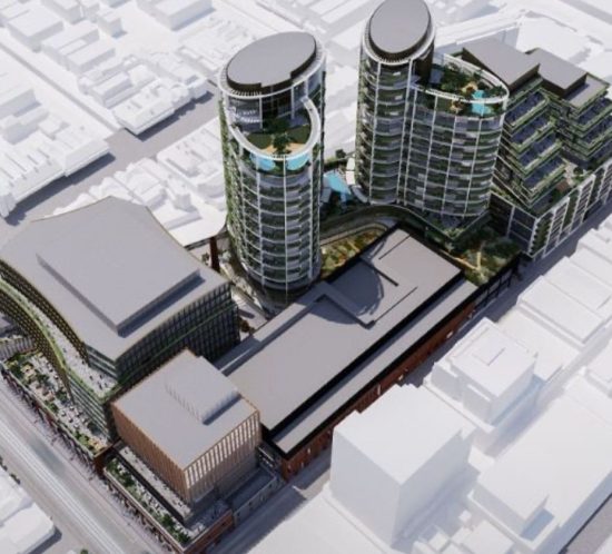 Aerial rendering of Jam Factory Stage 1 redevelopment by Crema Constructions and Gurner Group in South Yarra, Melbourne