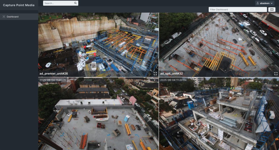 Time-lapse portal dashboard displaying live feeds from multiple Abadeen Group construction projects in Sydney