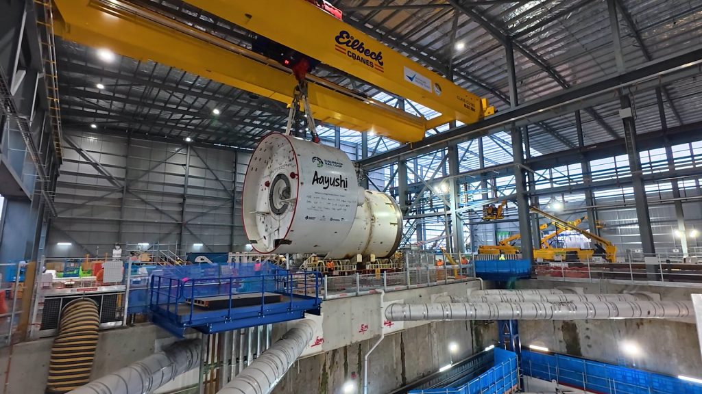 TBM Aayushi being lifted by an overhead crane into the Clarinda launch shaft for Suburban Rail Loop East
